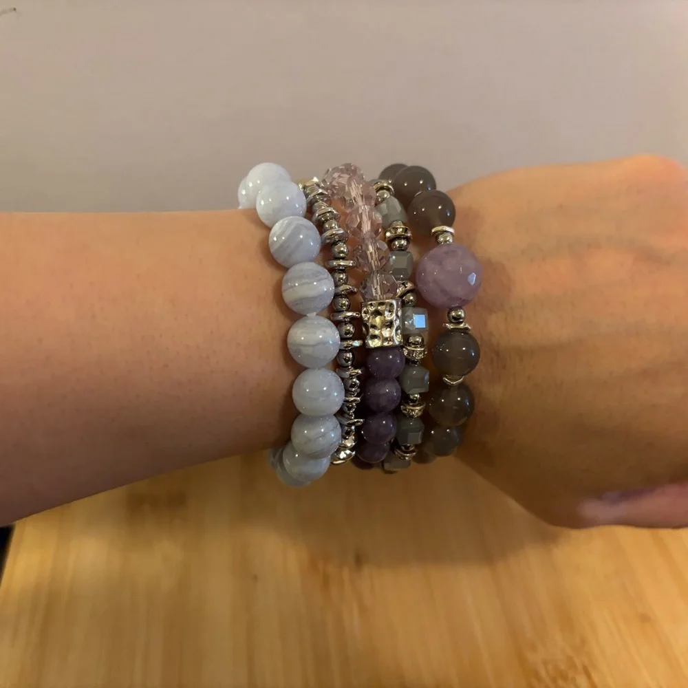Handmade Gemstone Bracelet Stack Set of 5 NWT Chalcedony Amethyst Agate